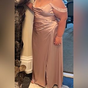 David’s Bridal charmeuse cowl bridesmaid dress with swag sleeves